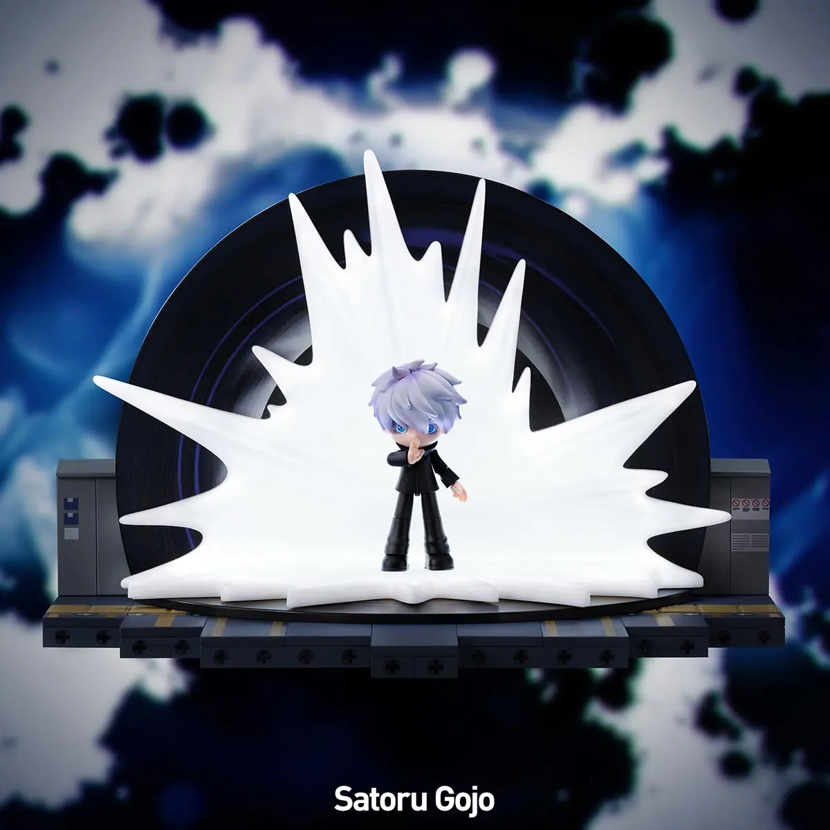 Escena de bloques de Satoru Gojo con el gran fondo circular de la expansión de dominio
