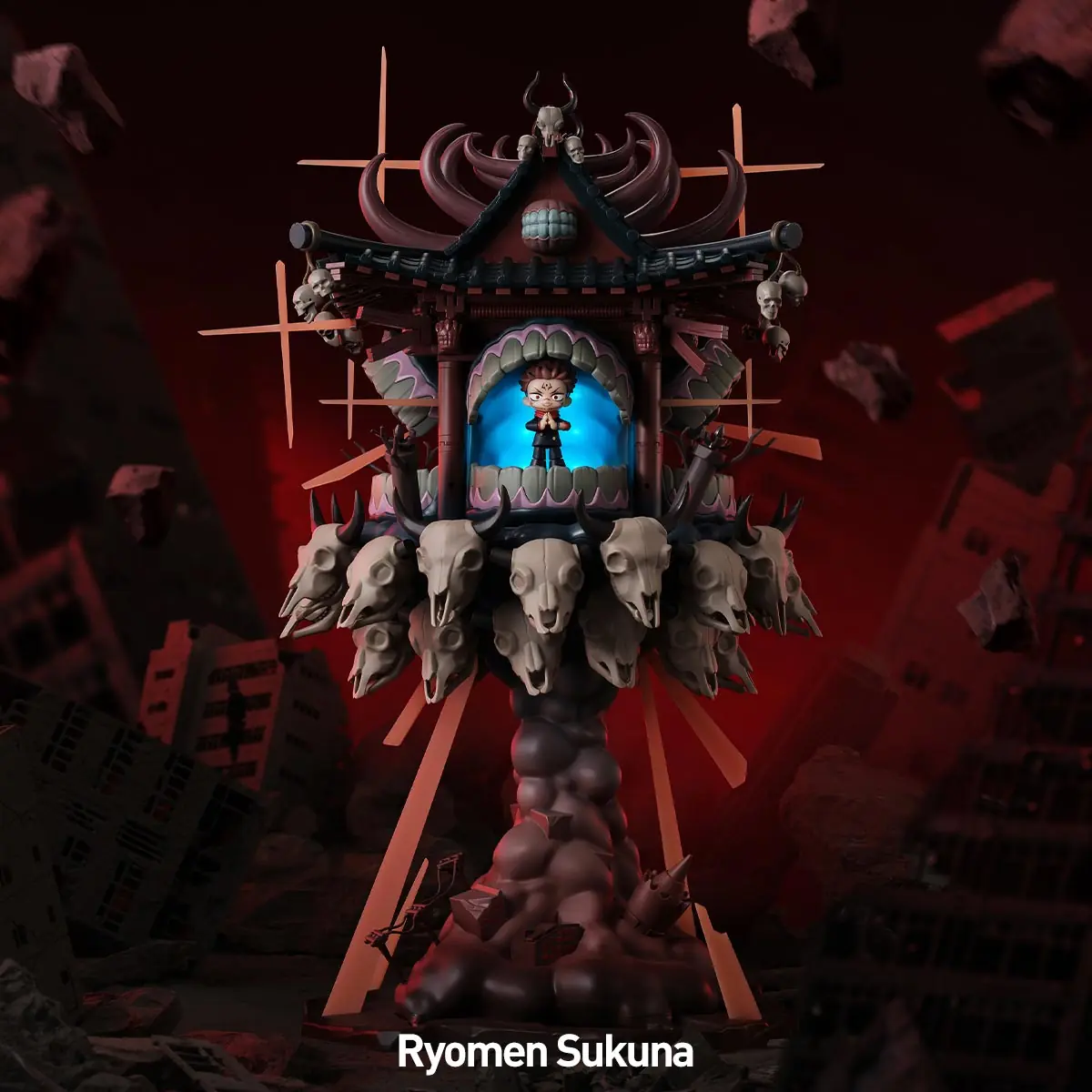 Escena de bloques de Ryomen Sukuna con el santuario elevado sobre calaveras y humo