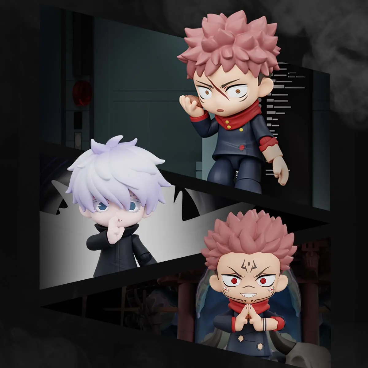 Composición oficial con las tres escenas de POP MART Jujutsu Kaisen Scene Blocks juntas