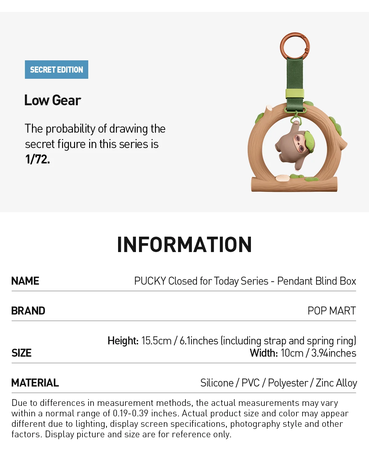 Ficha oficial del secreto Low Gear de PUCKY Closed for Today Pendant con su probabilidad 1 entre 72