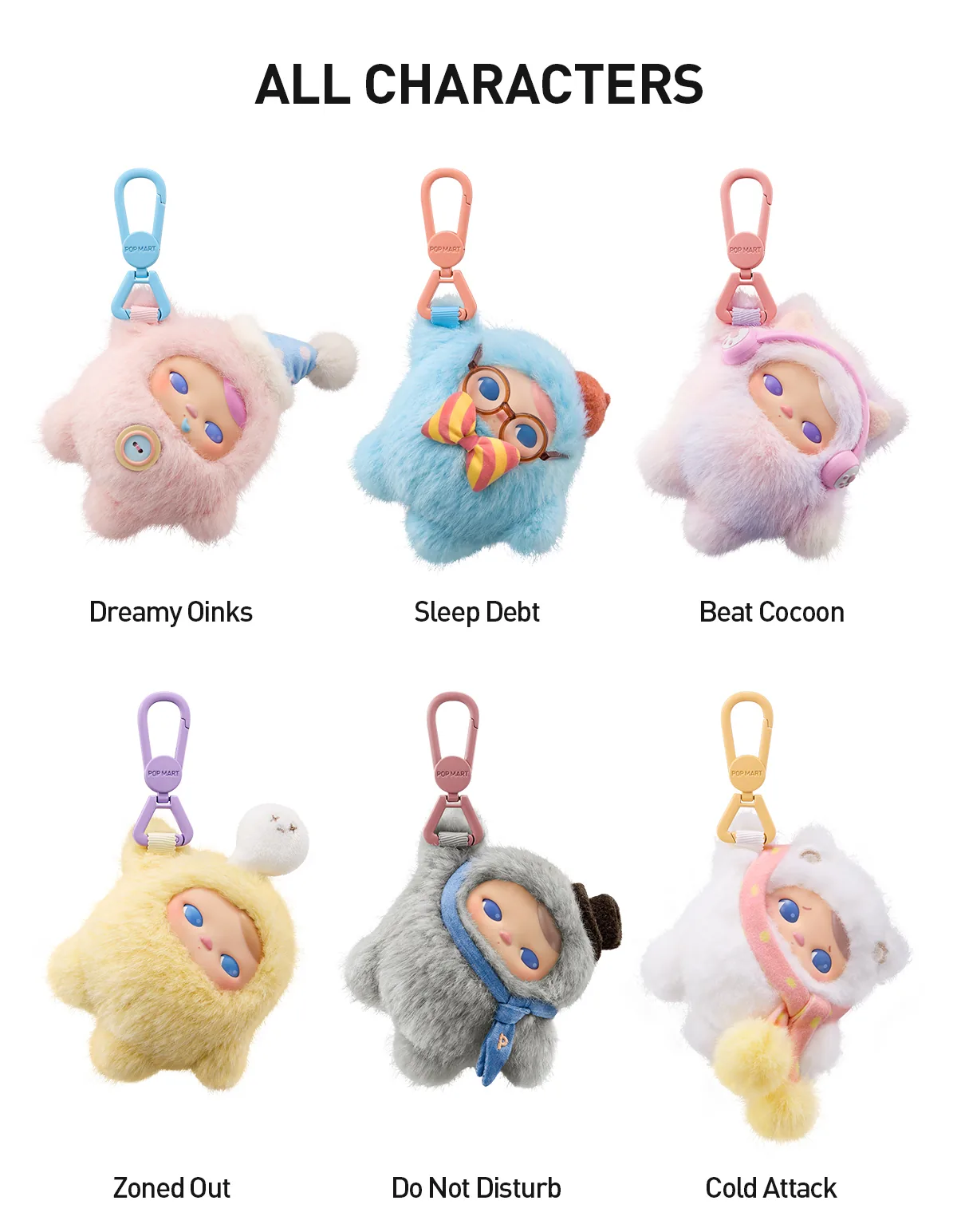 Lámina oficial con los seis peluches regulares del formato Vinyl Plush Pendant
