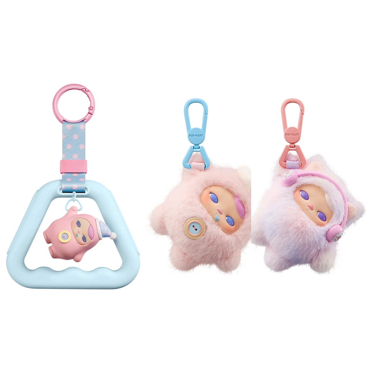 Colgante Pendant y dos peluches Vinyl Plush de PUCKY Closed for Today de POP MART sobre fondo blanco