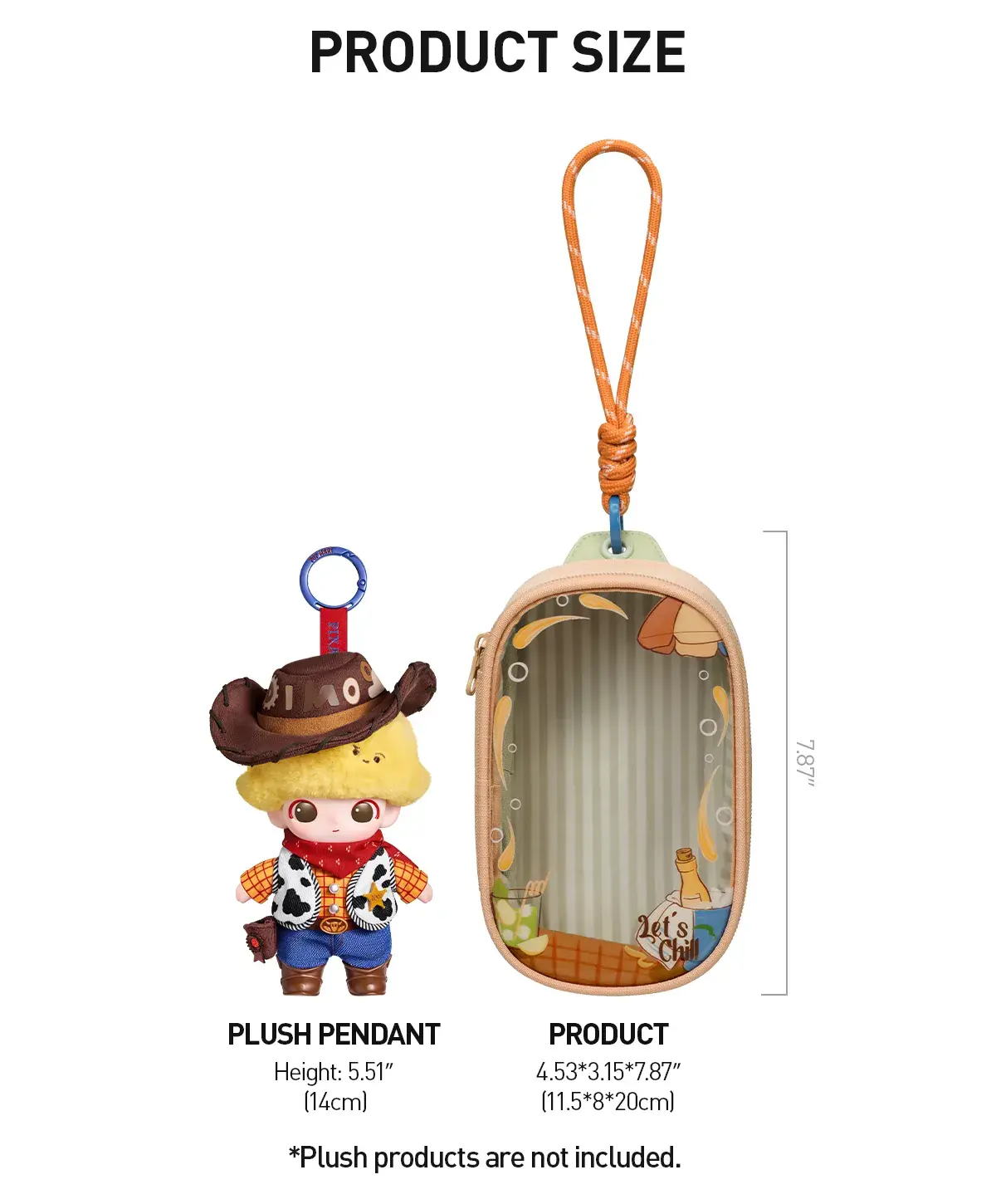 Comparativa de tamaño de la bolsa POP MART Retro FM con un peluche colgante de 14 cm