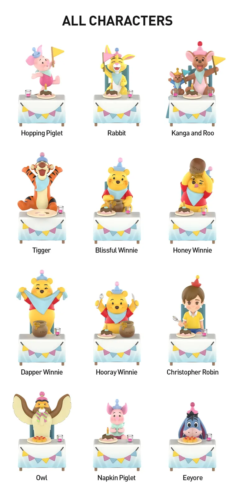 Lámina oficial con los doce personajes regulares de Winnie the Pooh Let's Party y sus nombres