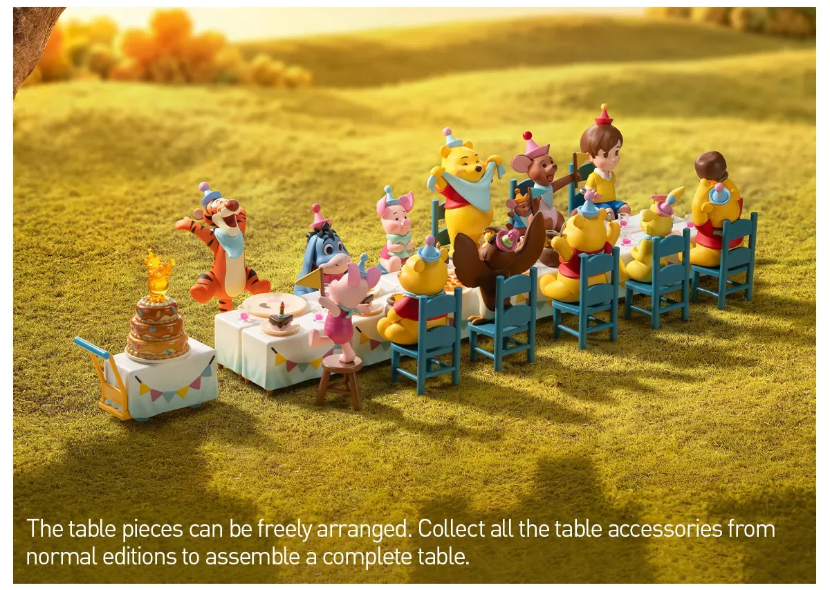 Las figuras de Winnie the Pooh Let's Party de POP MART unidas por sus bases formando una mesa de fiesta completa