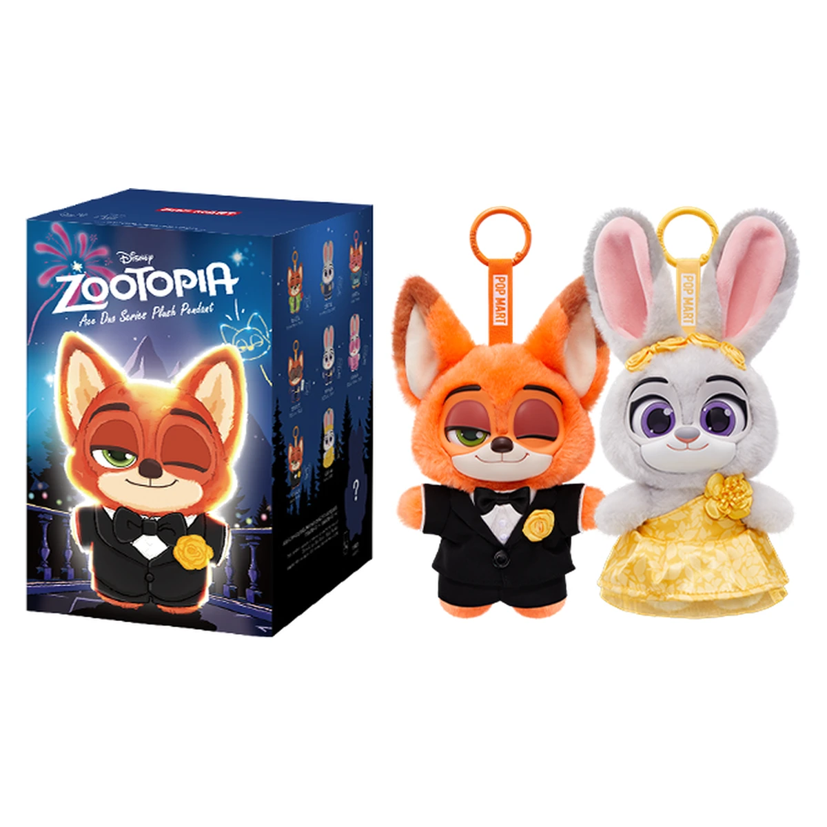 Caja de la serie POP MART Zootopia Ace Duo con los peluches de gala de Nick y Judy