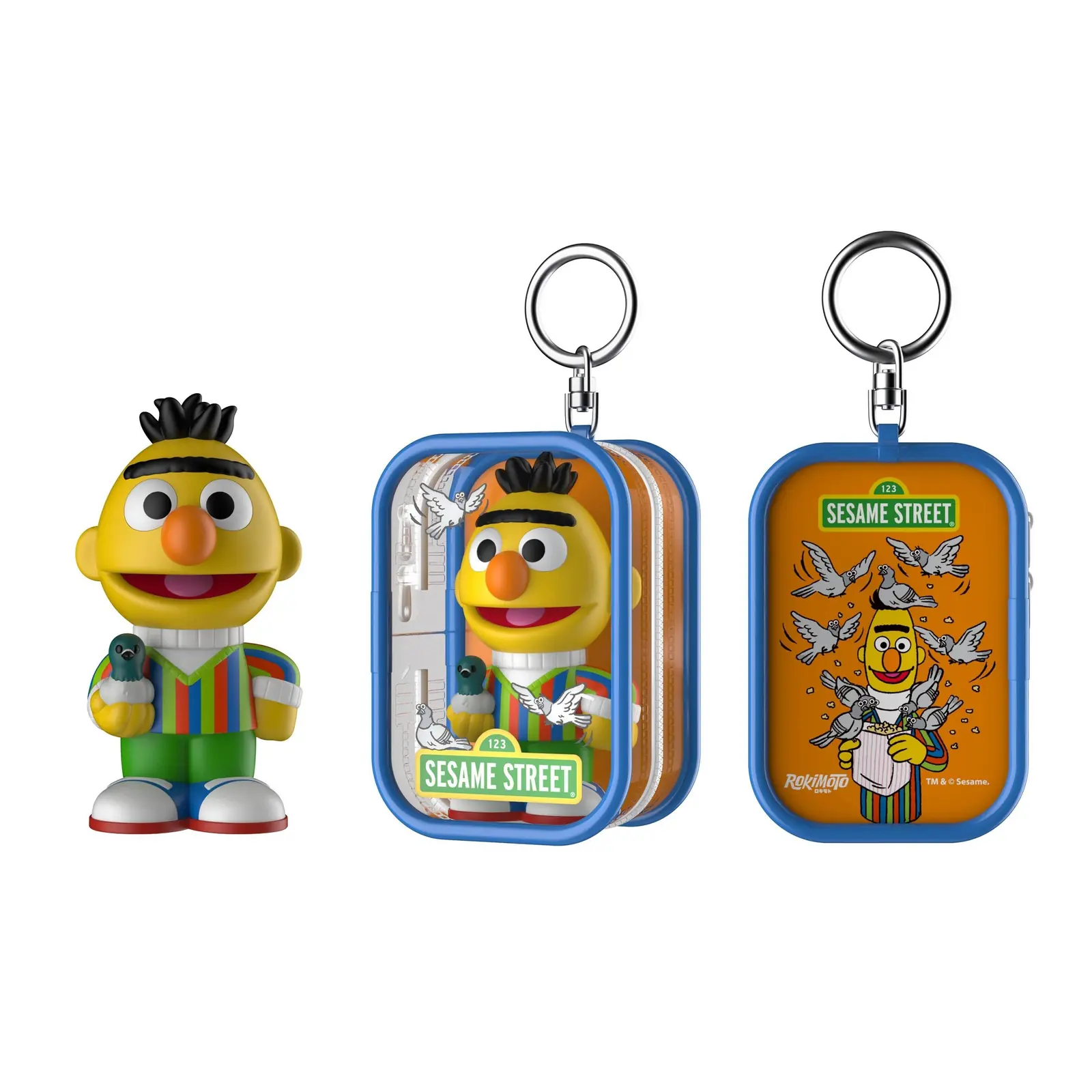 Figura de Bert con su paloma y el Pigeon Pouch azul de Chase Case Sesame Street Series 1