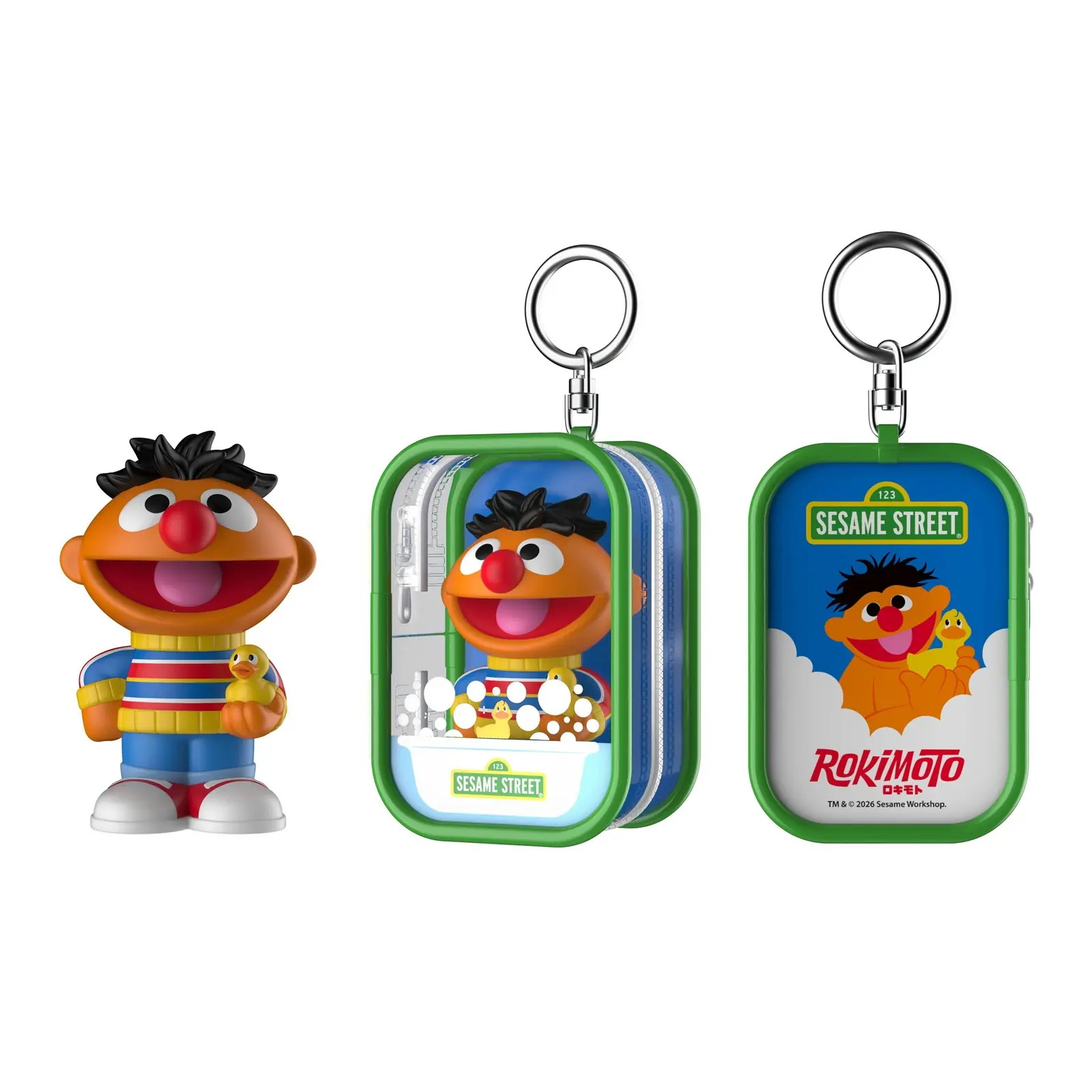 Figura de Ernie con Rubber Duckie junto a su Bathtub Pouch de Rokimoto Chase Case Sesame Street Series 1