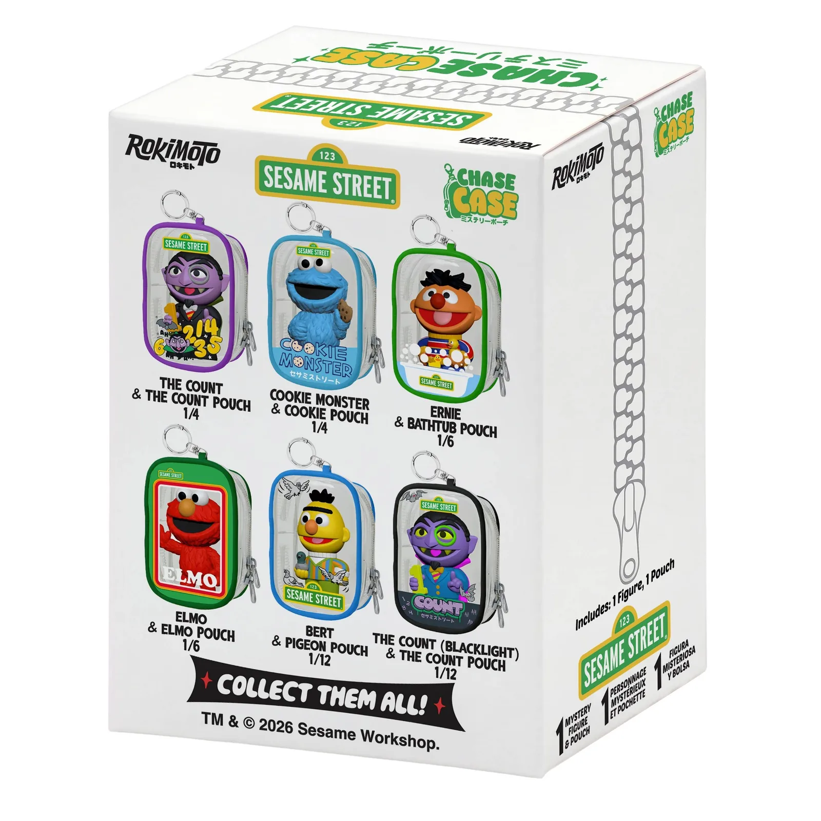 Reverso de la caja de Chase Case Sesame Street Series 1 con los seis diseños y sus probabilidades impresas