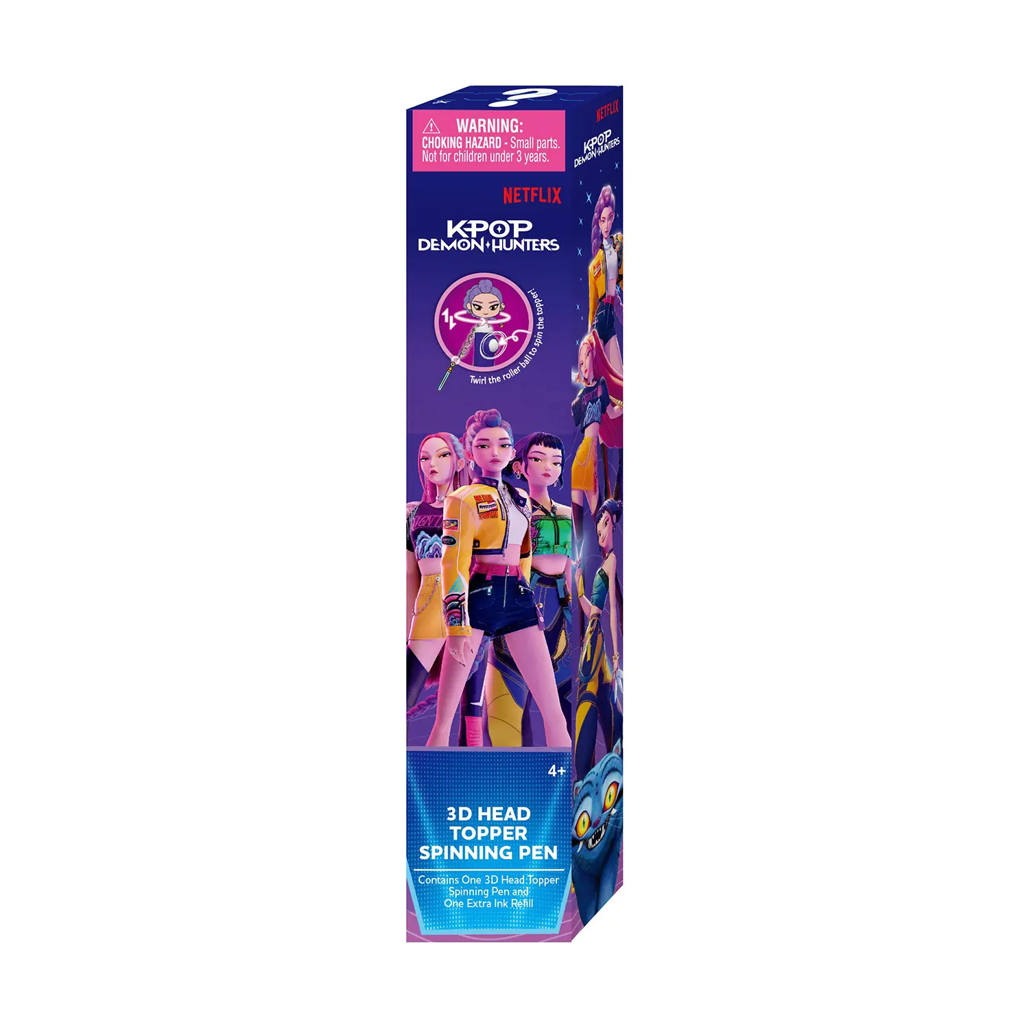 Caja sorpresa del KPop Demon Hunters 3D Head Topper Spinning Pen con el interrogante arriba y el aviso de recambio de tinta