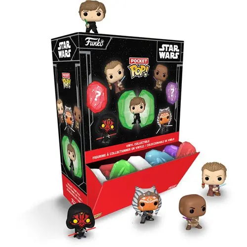 Display de 12 cápsulas de Star Wars Kyber Crystals con los cristales de colores asomando y varias figuras alrededor