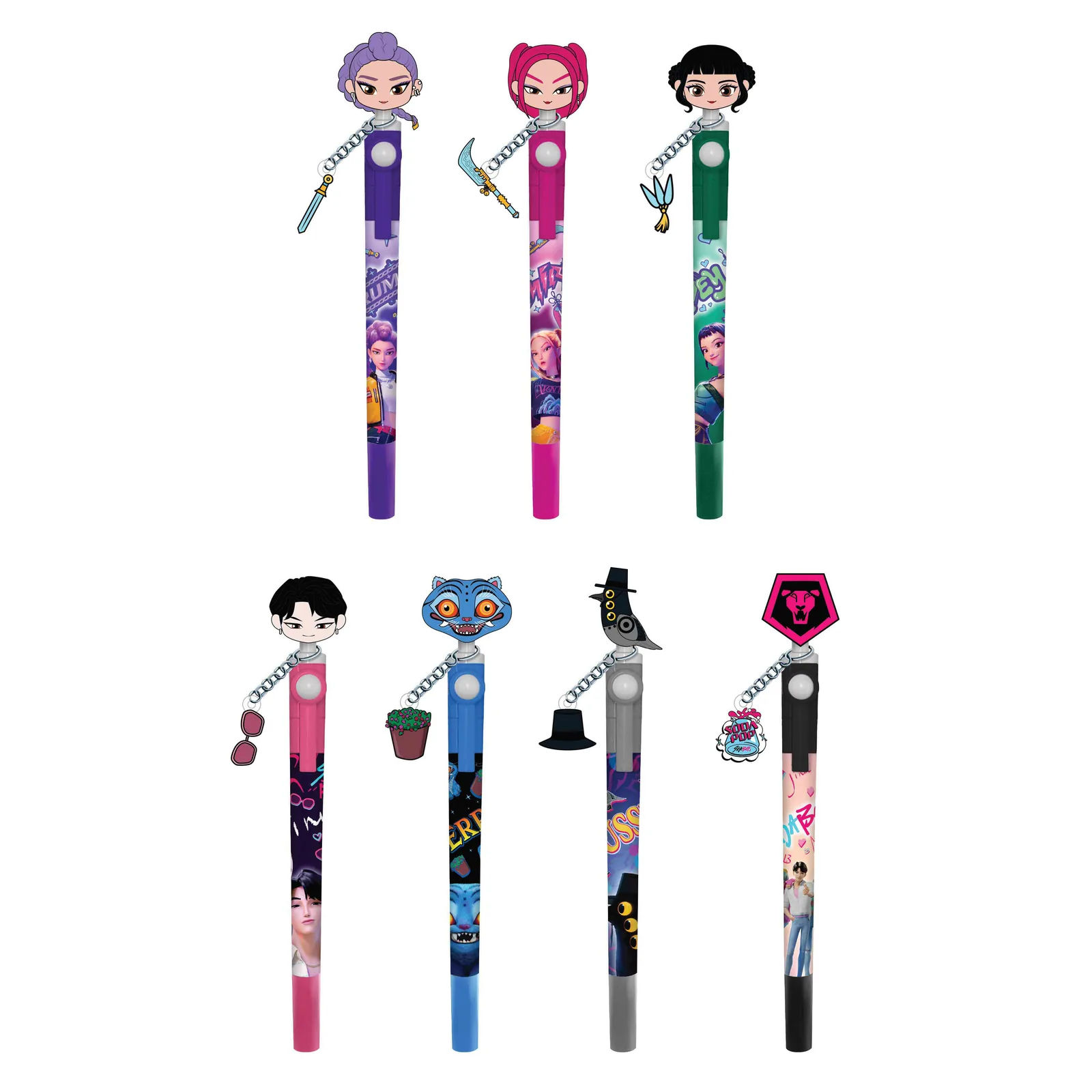 Los siete bolígrafos KPop Demon Hunters de Monogram con sus toppers 3D: Rumi, Mira, Zoey, Jinu, Derpy, Sussie y Saja Boys