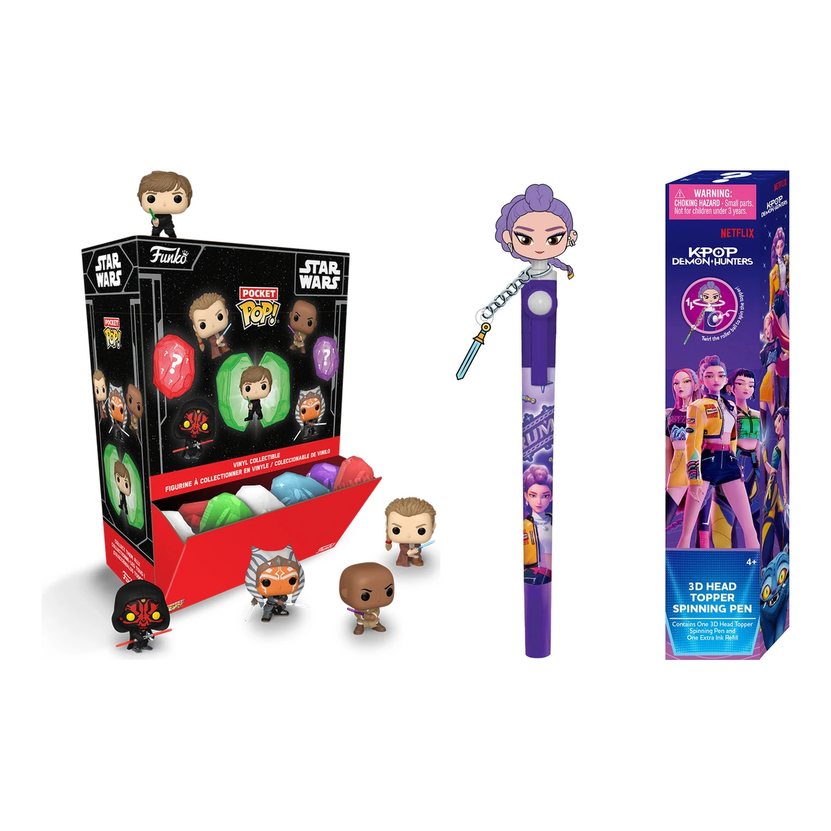 Display de Star Wars Kyber Crystals de Funko junto al bolígrafo sorpresa de KPop Demon Hunters de Monogram con su caja