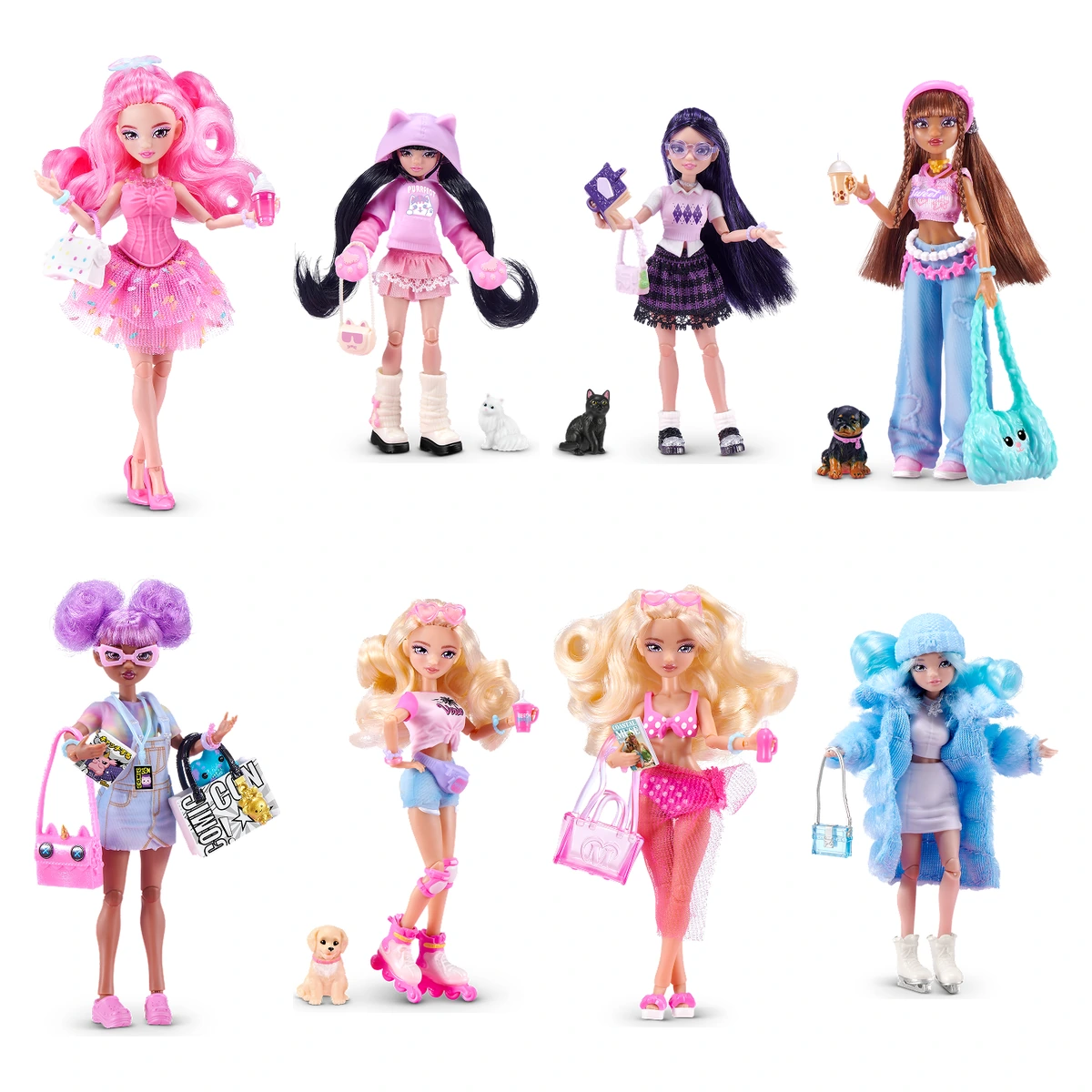 Las 8 muñecas MINNEE de ZURU Starbox Serie 1 con render oficial, sobre fondo blanco