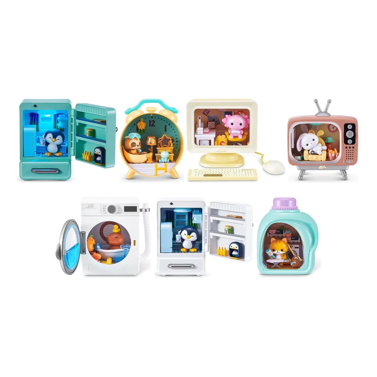 Las siete casas de ZURU Starbox Nook Nooks Serie 1 sobre fondo blanco, con el frigorífico teal del pingüino raro