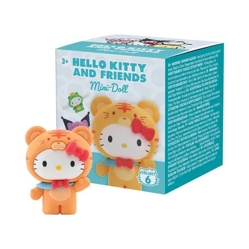 Figura de Hello Kitty con kigurumi de tigre naranja de Forest Friends junto a su blind box
