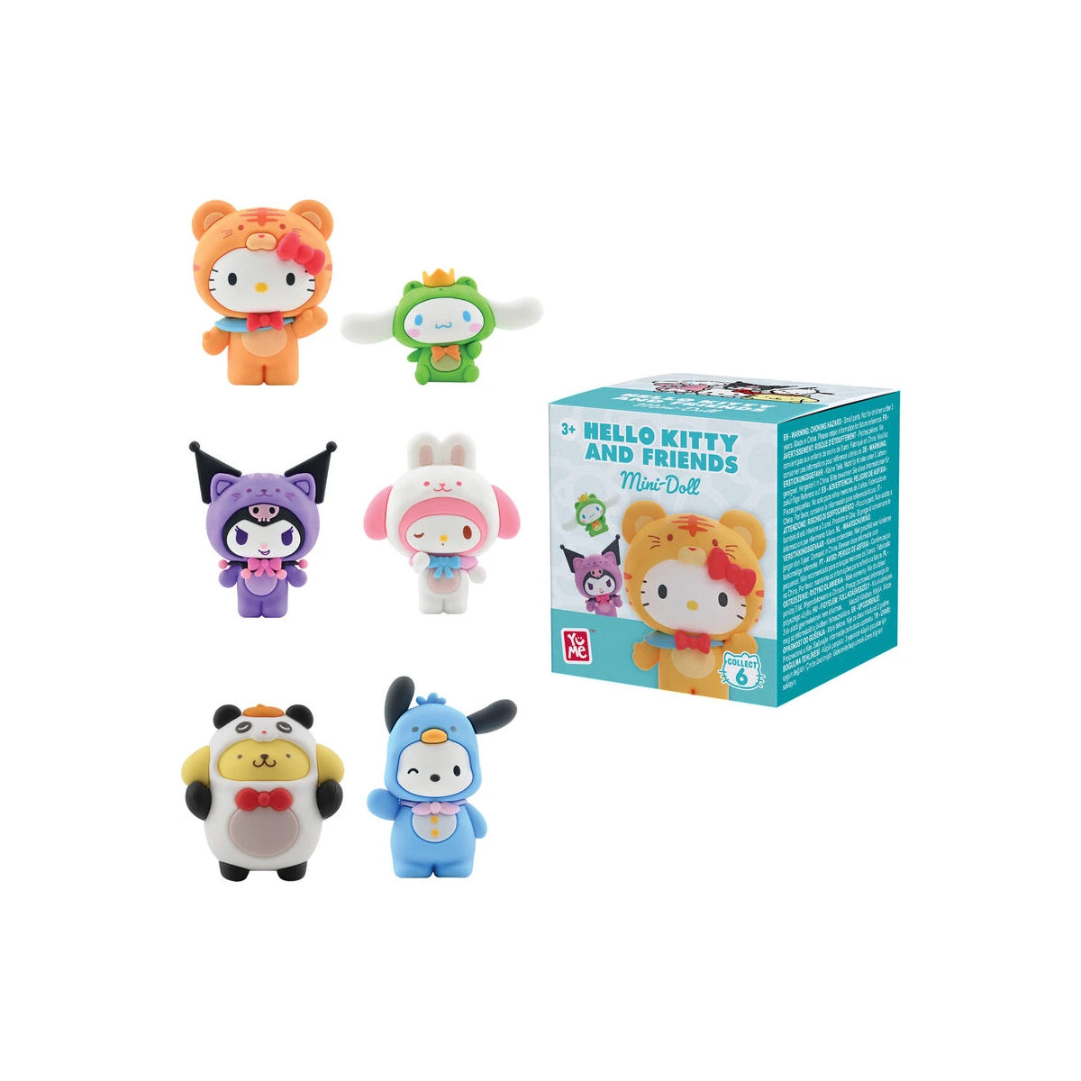 Las 6 figuras de Hello Kitty Forest Friends de YuMe con su blind box: Hello Kitty tigre, Cinnamoroll rana, Kuromi gato, My Melody conejo, Pompompurin panda y Pochacco pato