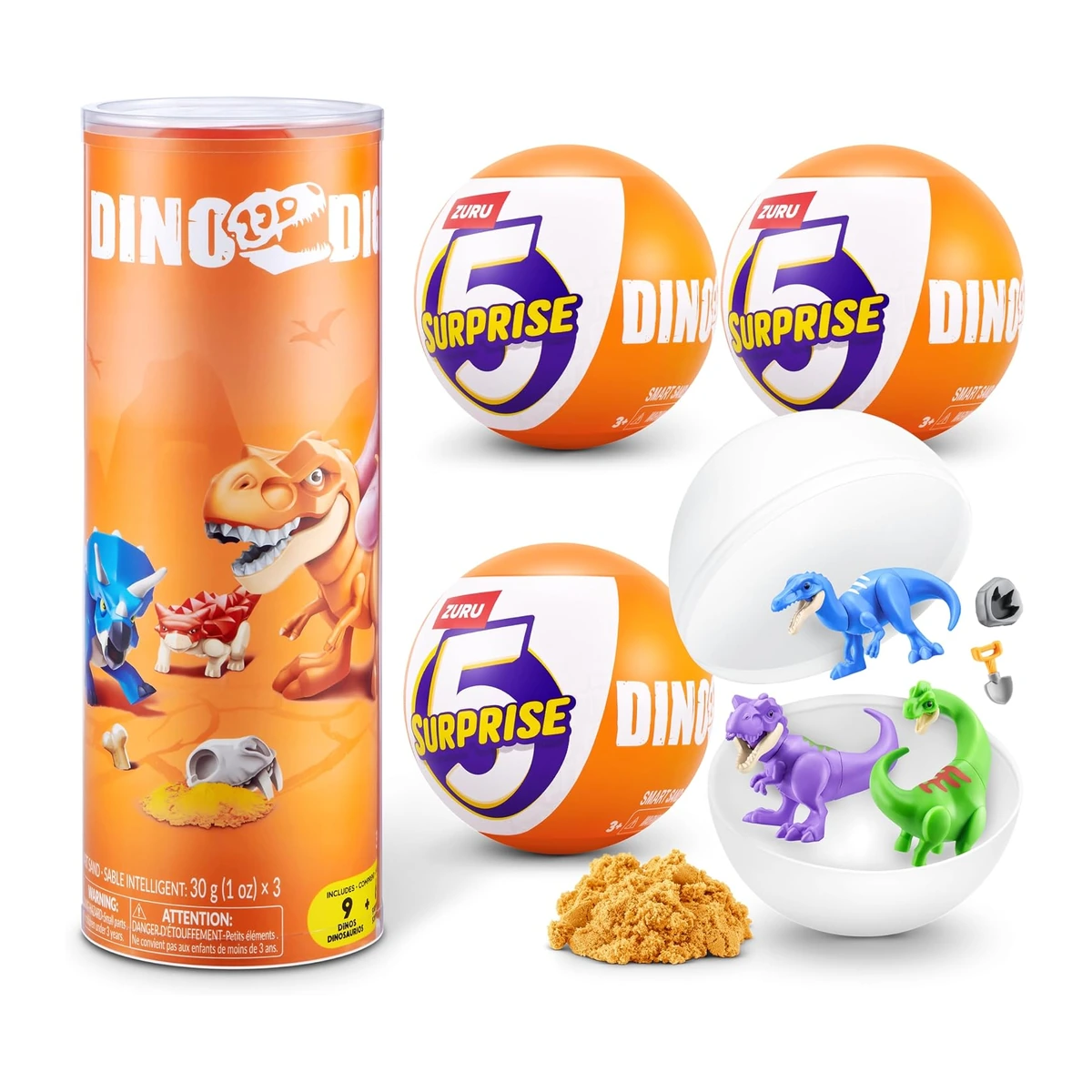 ZURU 5 Surprise Dinos Series 1: el tubo Dino Dig, tres capsulas naranjas y los dinosaurios azul, morado y verde con Smart Sand