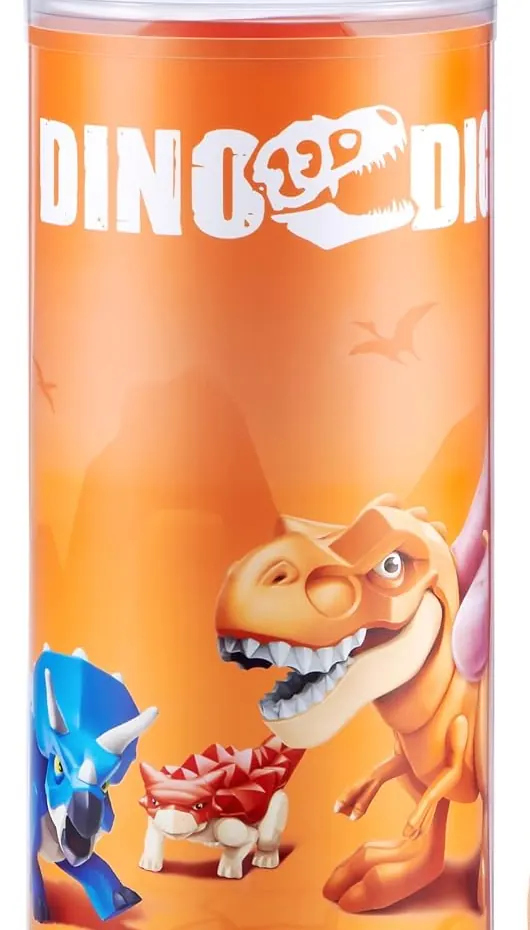 Frontal del tubo Dino Dig de ZURU con el logotipo, un T-rex naranja, un triceratops azul y un anquilosaurio rojo