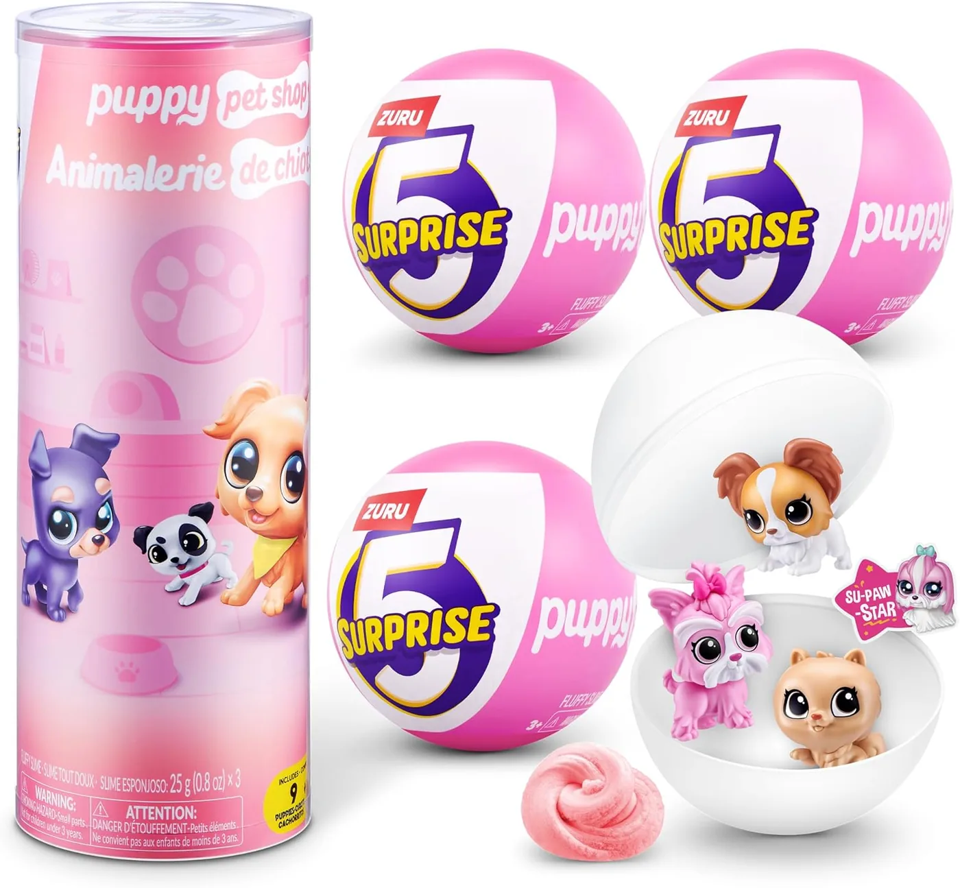 Tubo de ZURU 5 Surprise Puppy Pet Shop Serie 1 con tres cápsulas rosas, una abierta con cachorros y slime