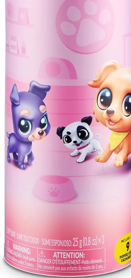Detalle del tubo de Puppy Pet Shop con el rotulado del slime de 25 g y el sello de 9 cachorros