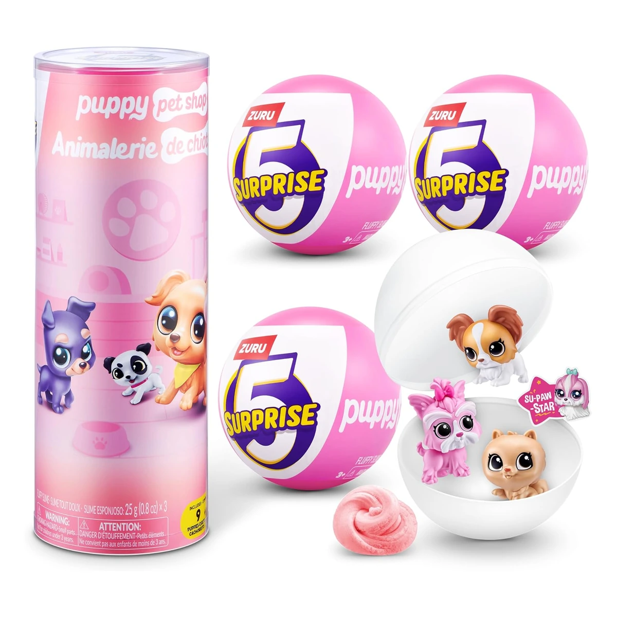 ZURU 5 Surprise Puppy Pet Shop Serie 1: tubo rosa con tres cápsulas, una abierta con cachorros, slime y la pegatina SU-PAW-STAR