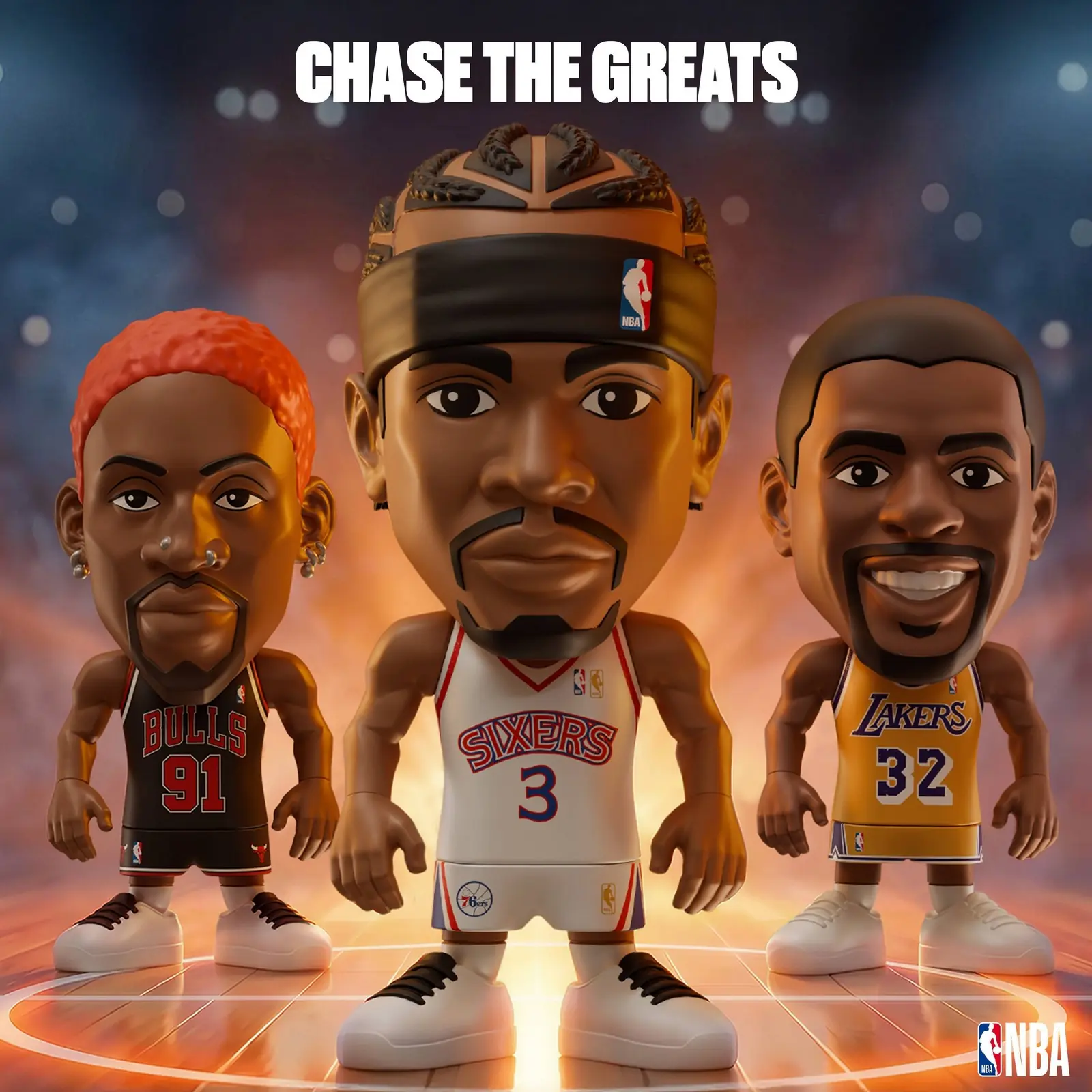 Dennis Rodman, Allen Iverson y Magic Johnson de NBA Ballers 90s Collection en el arte promocional Chase the Greats
