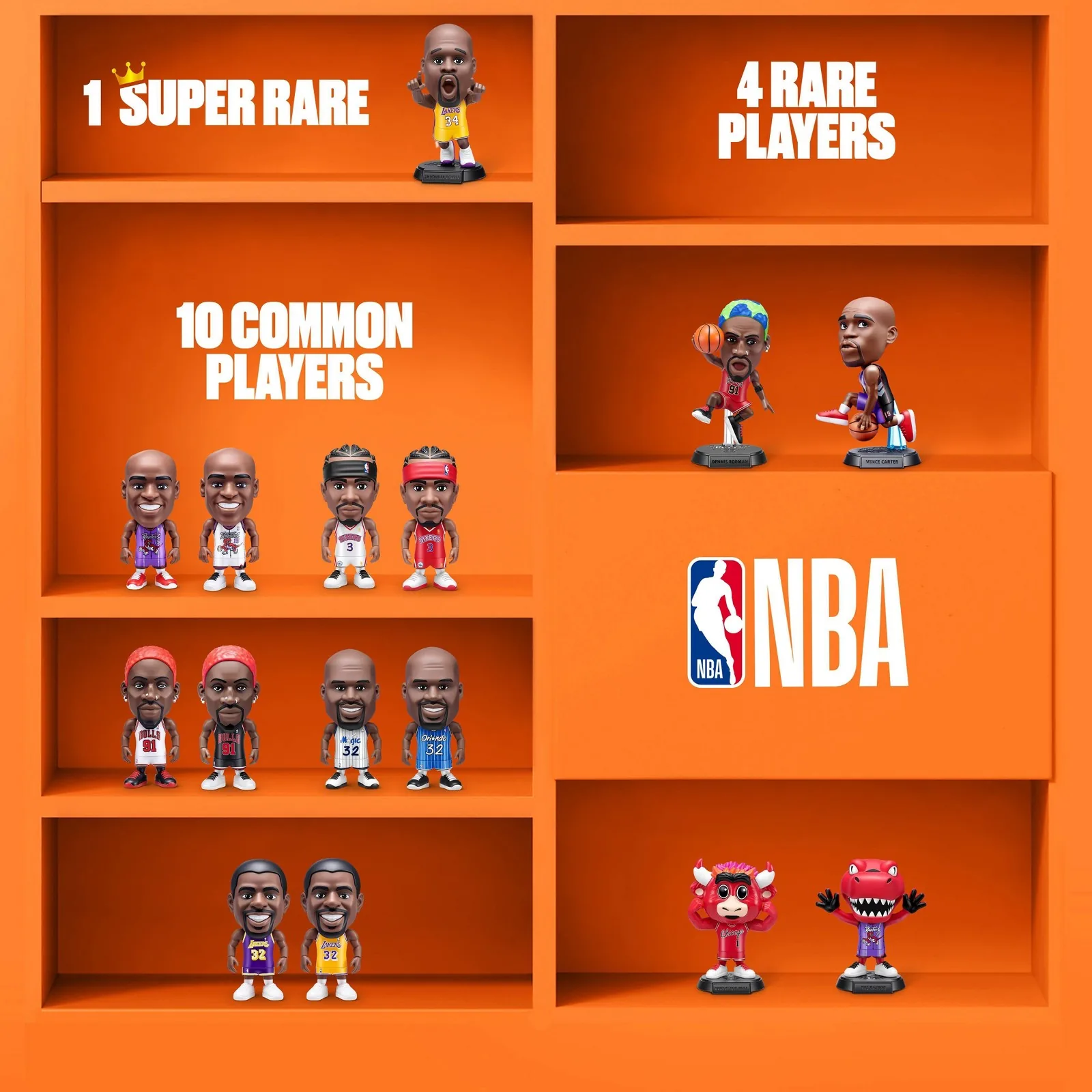 Panel oficial de NBA Ballers 90s Collection con las 15 figuras repartidas en 10 comunes, 4 raras y 1 superrara