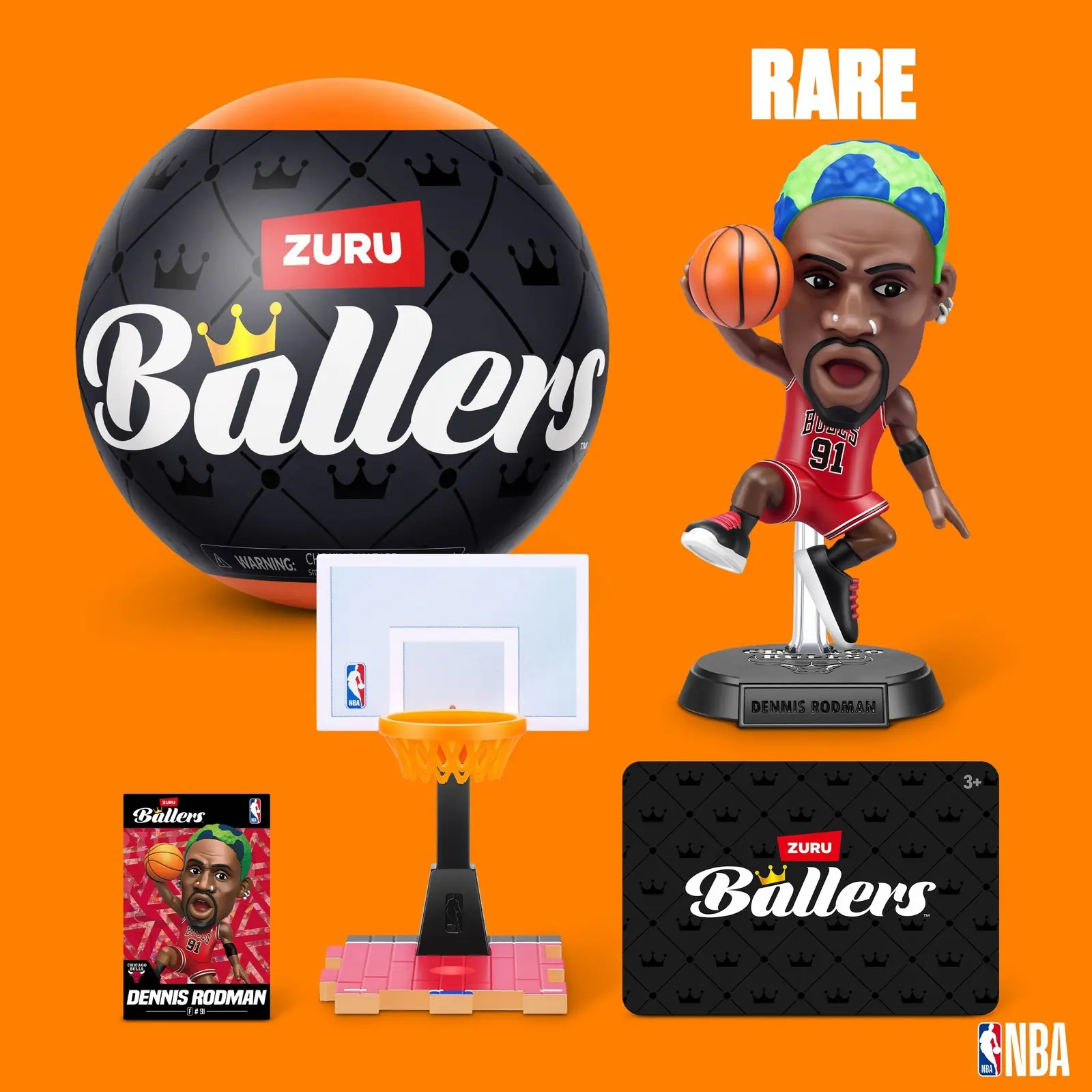 Dennis Rodman raro de NBA Ballers 90s Collection con pelo multicolor y balón en alto sobre peana con su nombre