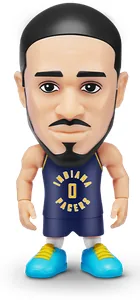 Figura de Tyrese Haliburton de ZURU NBA Ballers Serie 2 sobre fondo blanco