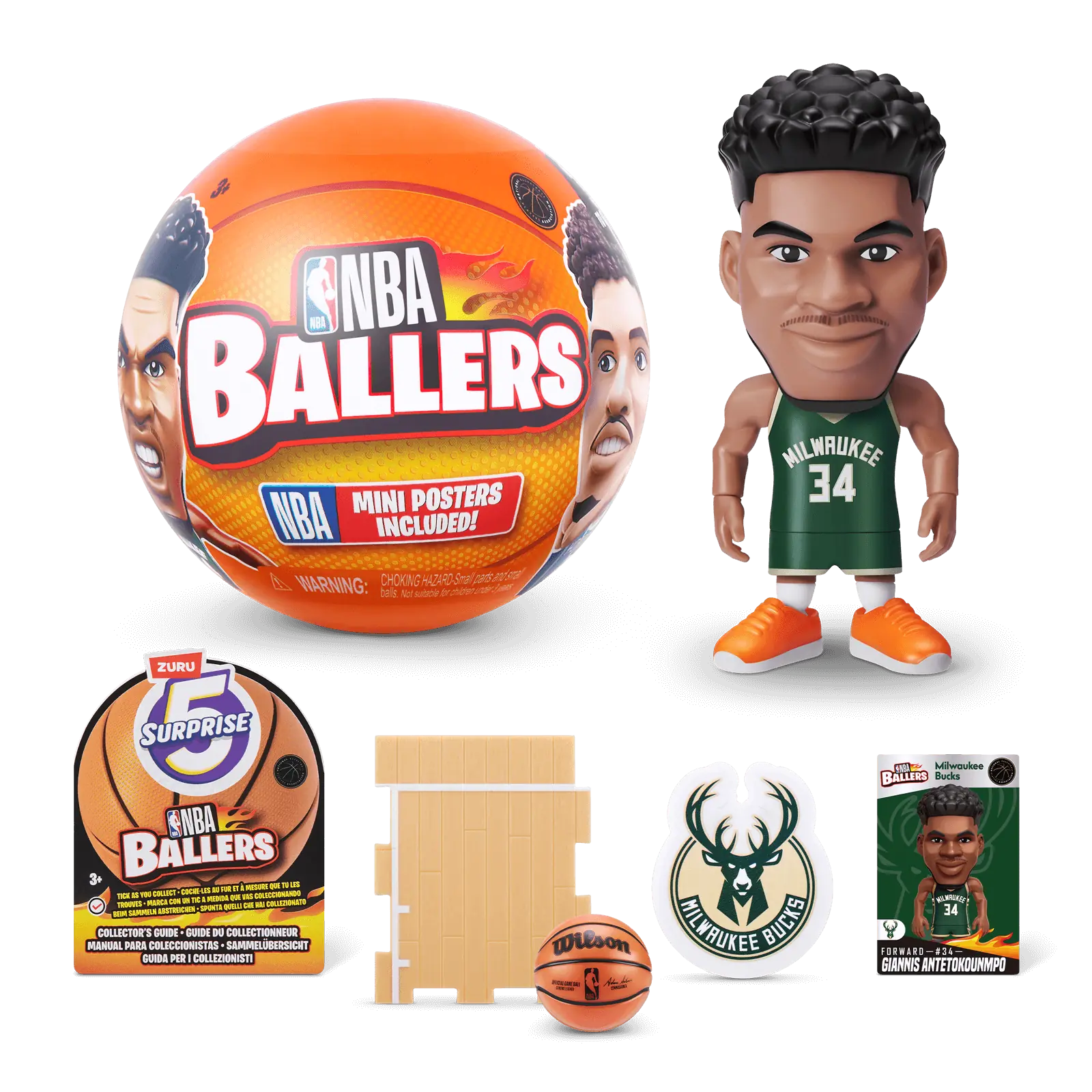 Contenido de una c&aacute;psula de ZURU NBA Ballers: bola naranja, figura, gu&iacute;a del coleccionista, peana de parqu&eacute;, bal&oacute;n Wilson, pegatina y mini p&oacute;ster