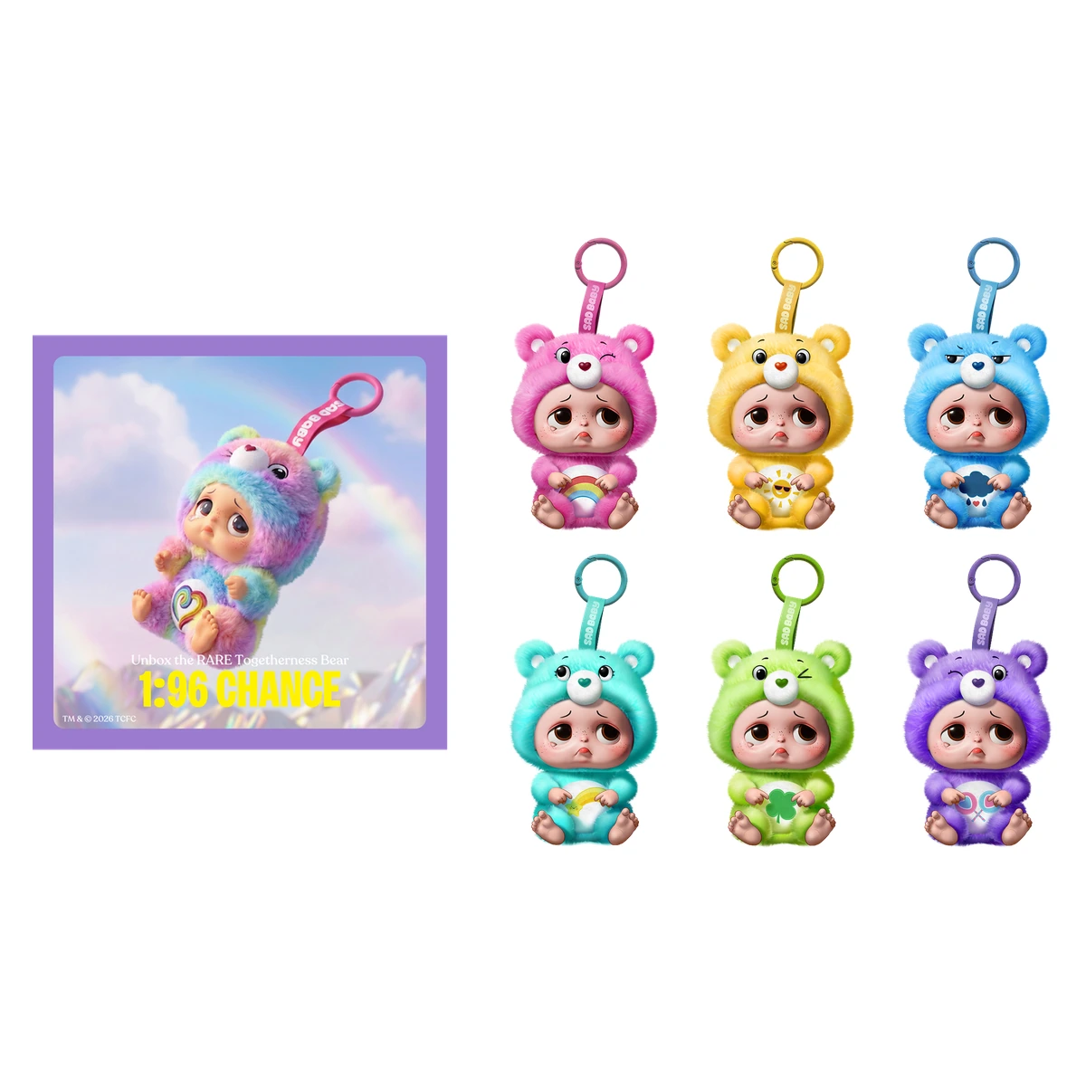 Los 7 llaveros de ZURU Starbox Sad Baby Care Bears Serie 1 sobre fondo blanco, con Togetherness Bear a la izquierda