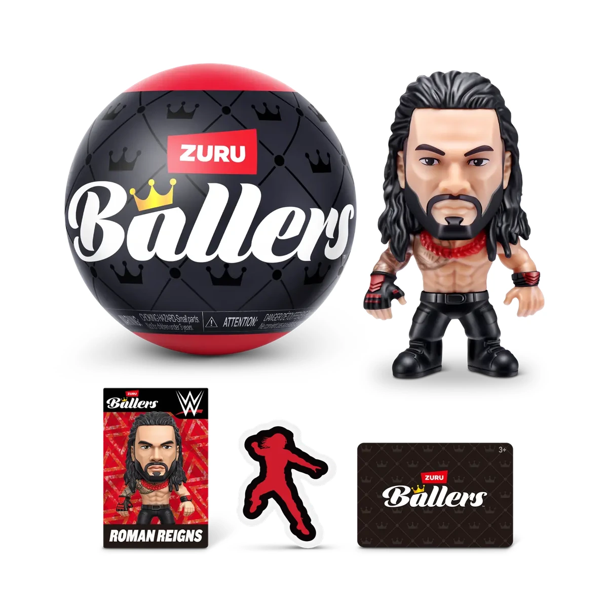 ZURU WWE Ballers Serie 1: la cápsula negra y roja junto a la figura de Roman Reigns, su tarjeta de coleccionista y la pegatina