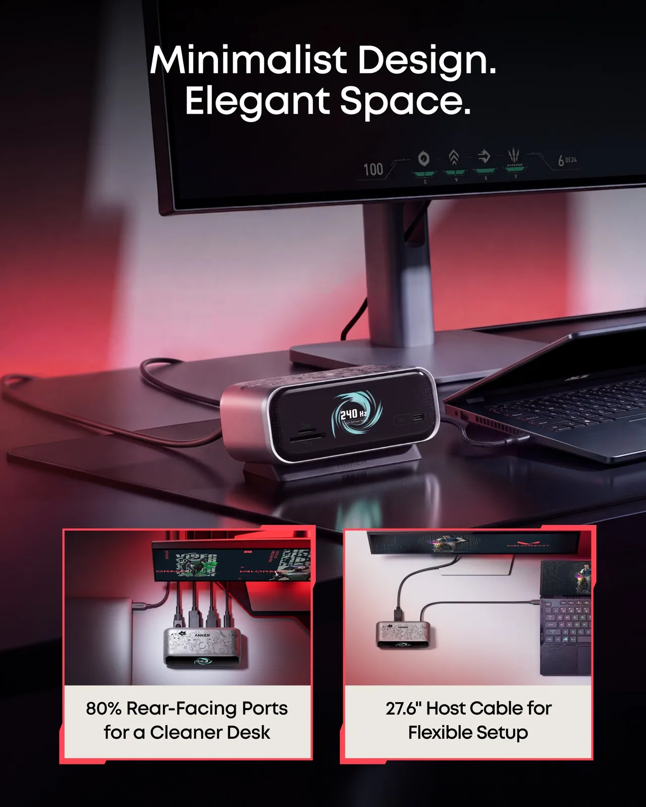 Hub USB-C Anker VALORANT en un escritorio junto a un monitor y un portátil, con la pantalla encendida