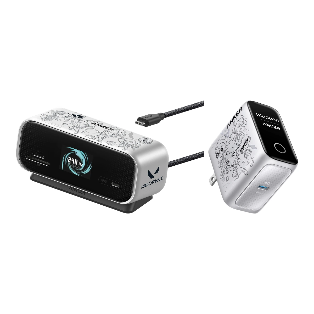 Anker VALORANT: hub USB-C A210C con pantalla y cargador de 100 W A120F de la edición limitada, con Agentes impresos, sobre fondo blanco