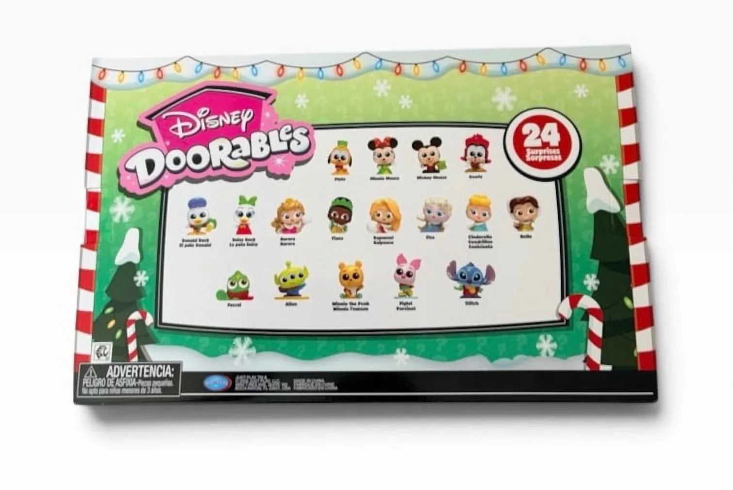 Trasera de la caja del calendario de Adviento Disney Doorables 2026 con los 17 personajes rotulados