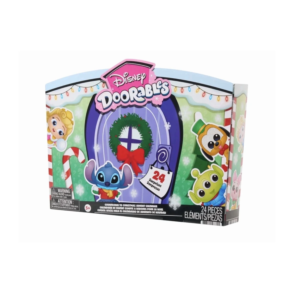 Calendario de Adviento Disney Doorables 2026 Countdown to Christmas, caja frontal con Stitch, Pluto, Alien y Aurora y 24 sorpresas