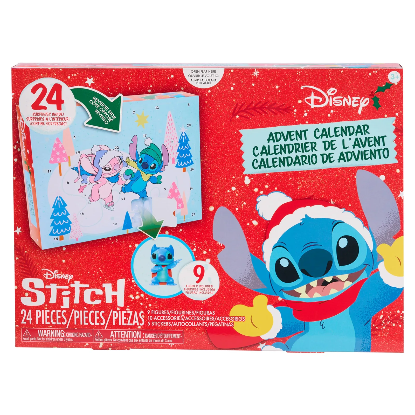 Caja del calendario de Adviento Stitch de la edición 2025 de Just Play, con 9 figuras, 10 accesorios y 5 pegatinas