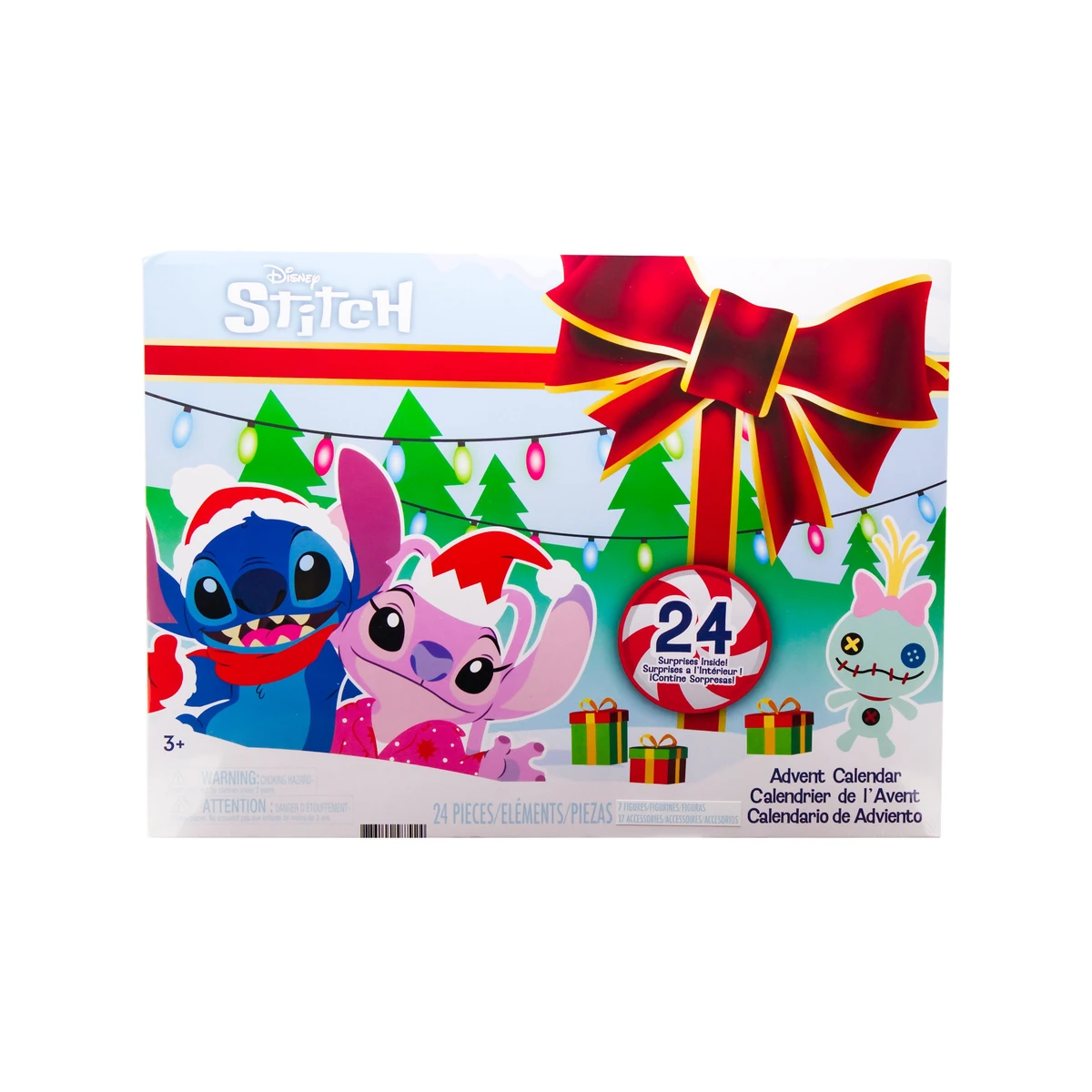Calendario de Adviento Stitch 2026 de Just Play: caja frontal con Stitch y Angel con gorro de Papá Noel, Scrump y 24 sorpresas
