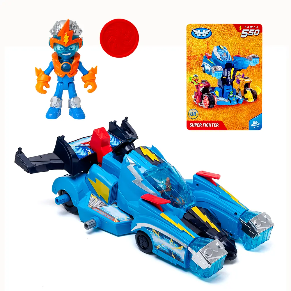 SuperThings Robot Fighter en modo coche con Kid Kazoom, disco proyectil y carta Super Fighter