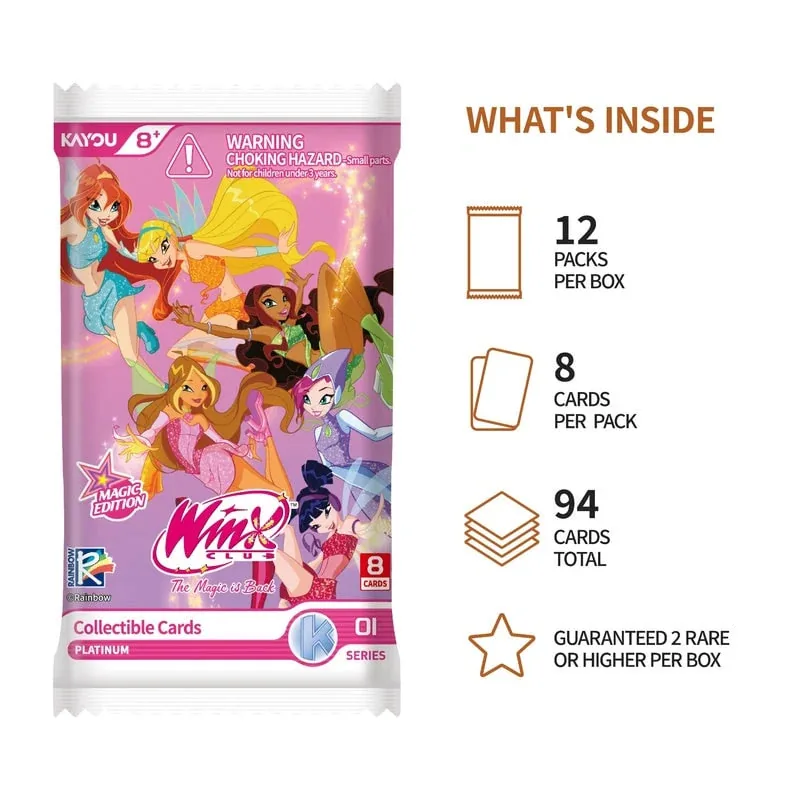 Sobre Platinum de la Magic Edition de las cartas Winx Club Kayou con la lámina de contenido: 12 sobres por caja, 8 cartas por sobre, 94 cartas