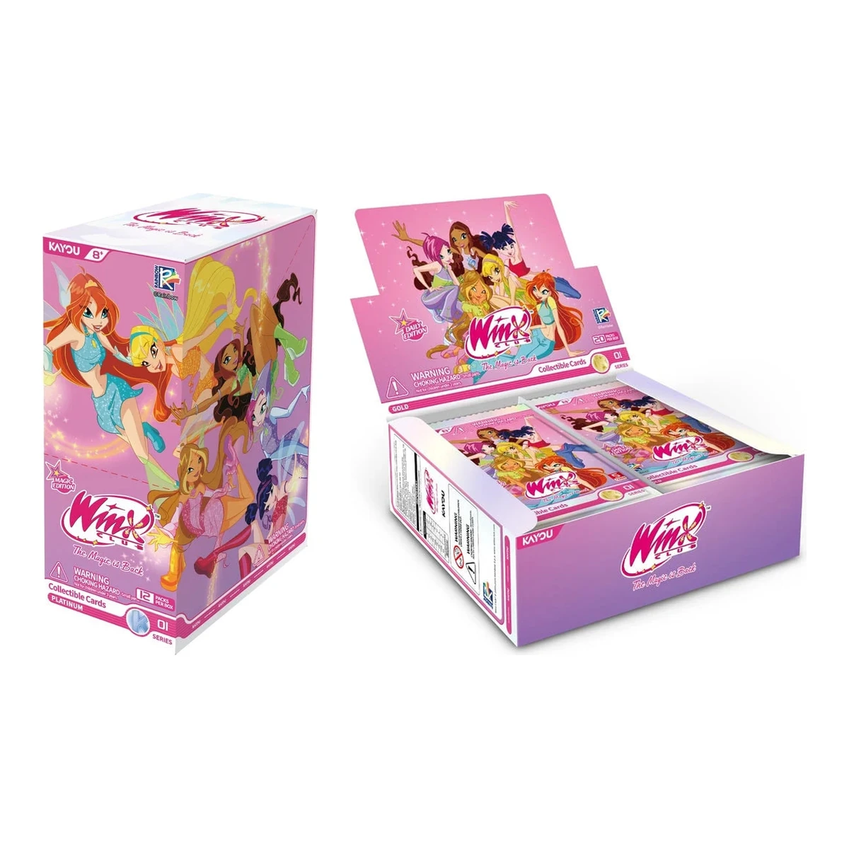 Cartas Winx Club Kayou Fairy Diary Series 1: display Magic Edition cerrado y display Daily Edition abierto con sus sobres