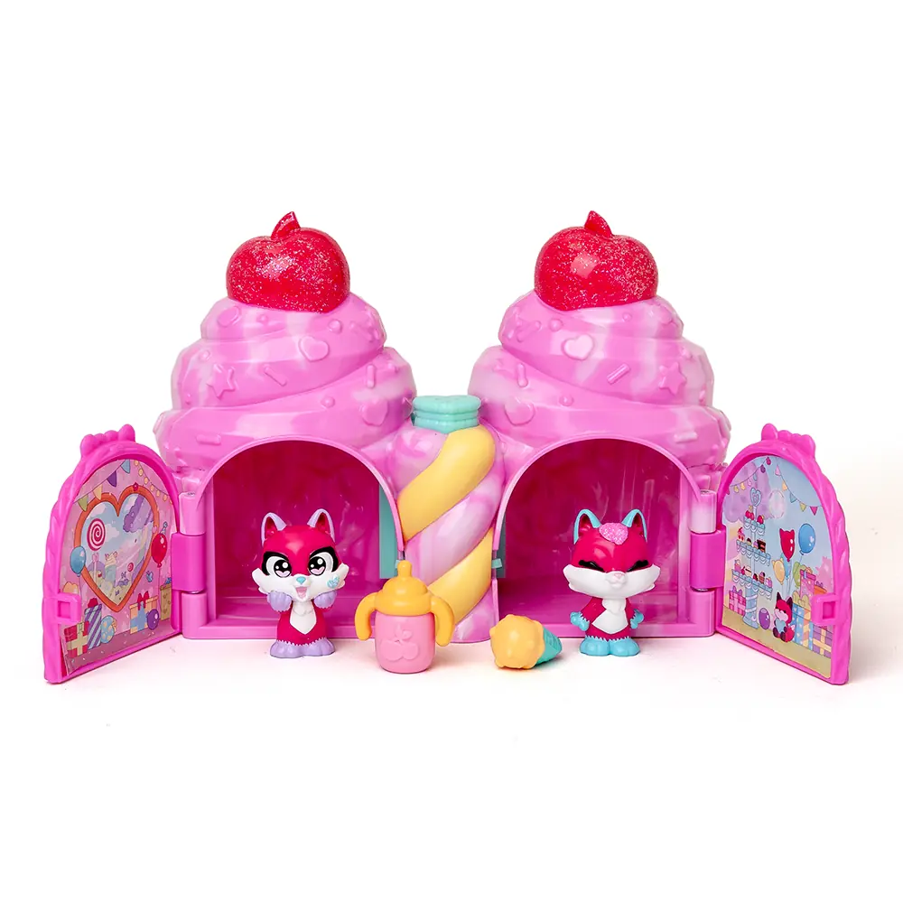 Confetti Cupcake Fox Twins de Cherry Pets abierto con las dos figuras y sus accesorios dentro