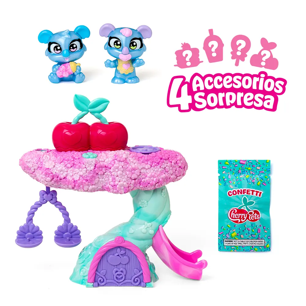 Contenido del Confetti Tree de Cherry Pets: el árbol con las cerezas abiertas, los dos Koala Twins perlados, los accesorios sorpresa y la bolsa de confeti