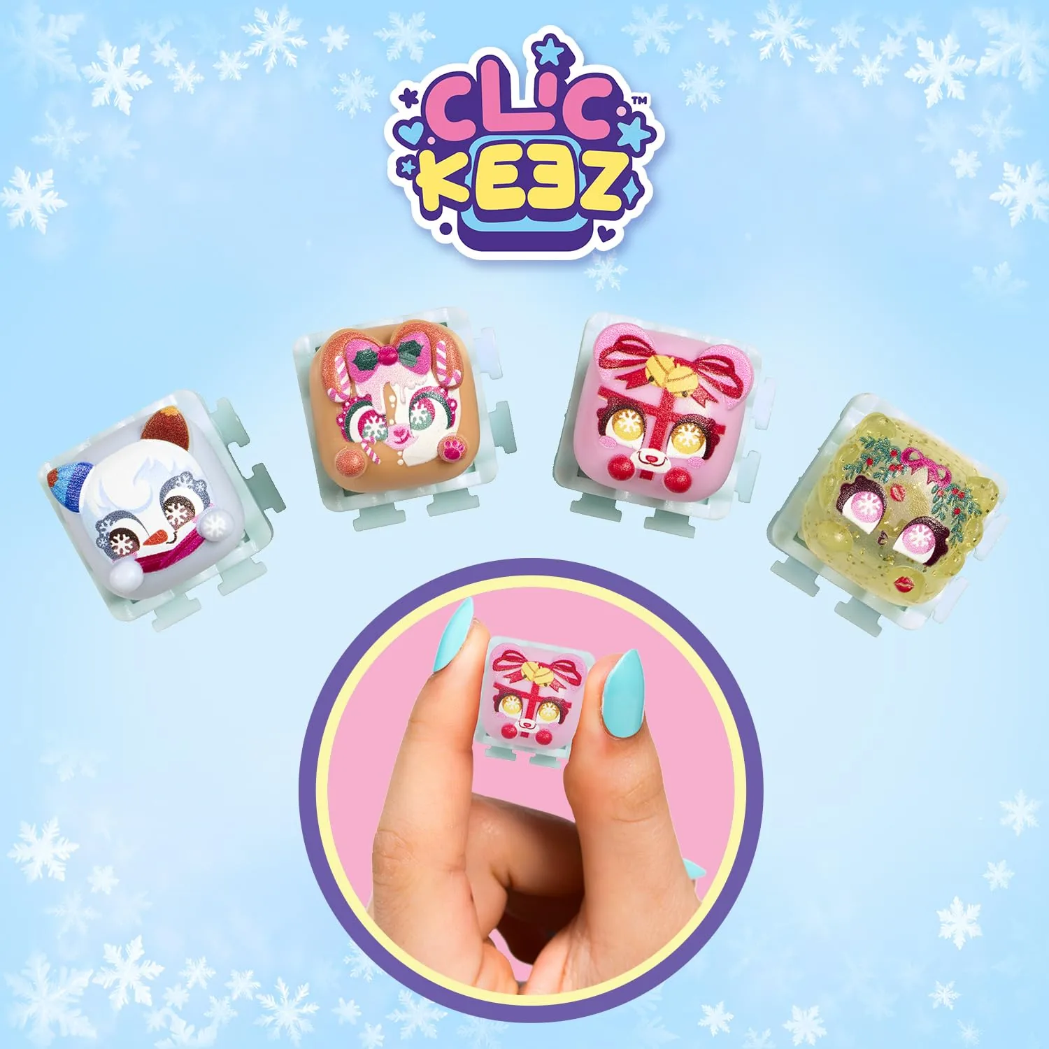 Los 4 Clickeez navideños exclusivos del calendario de Adviento Clickeez Bubble Pops: muñeco de nieve, bastones de caramelo, lazo de regalo y corona de acebo