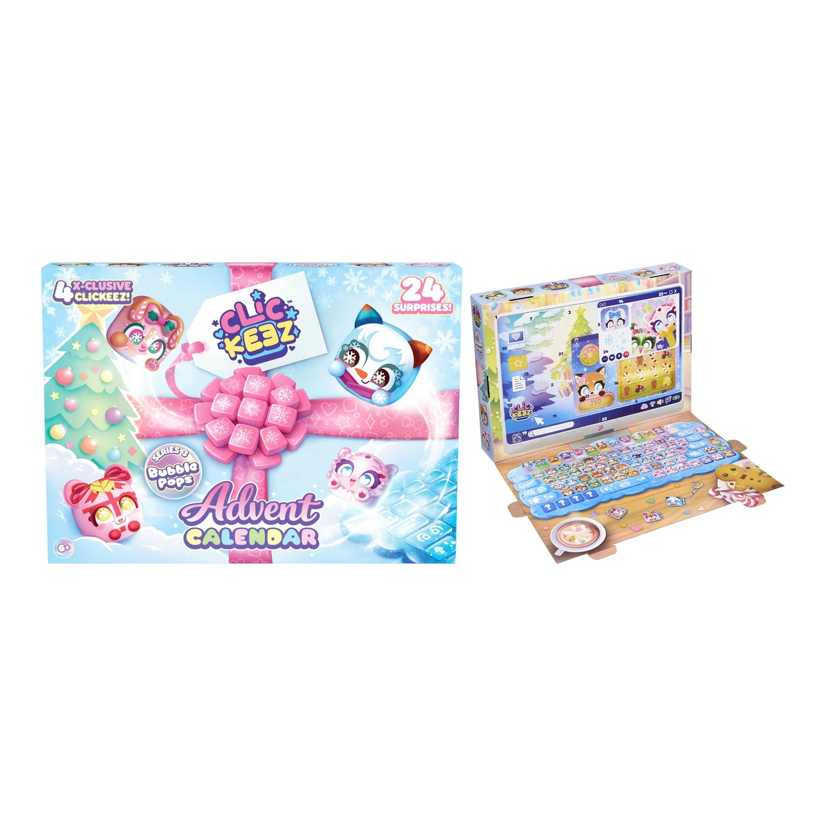 Calendario de Adviento Clickeez Bubble Pops: caja cerrada y caja abierta en forma de portátil con el teclado expositor