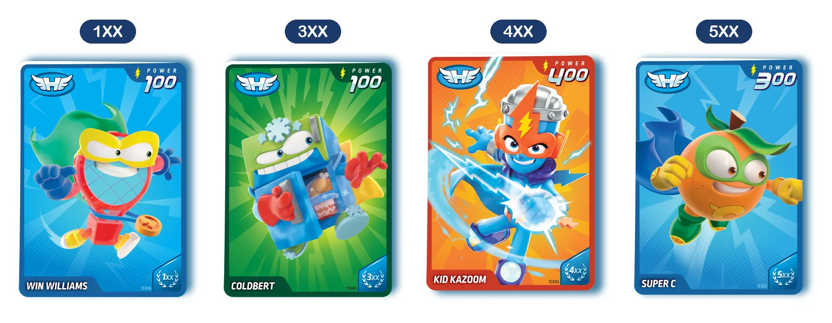 Las cuatro variantes de Gana XX en SuperThings Power: Win Williams 1XX, Coldbert 3XX, Kid Kazoom 4XX y Super C 5XX