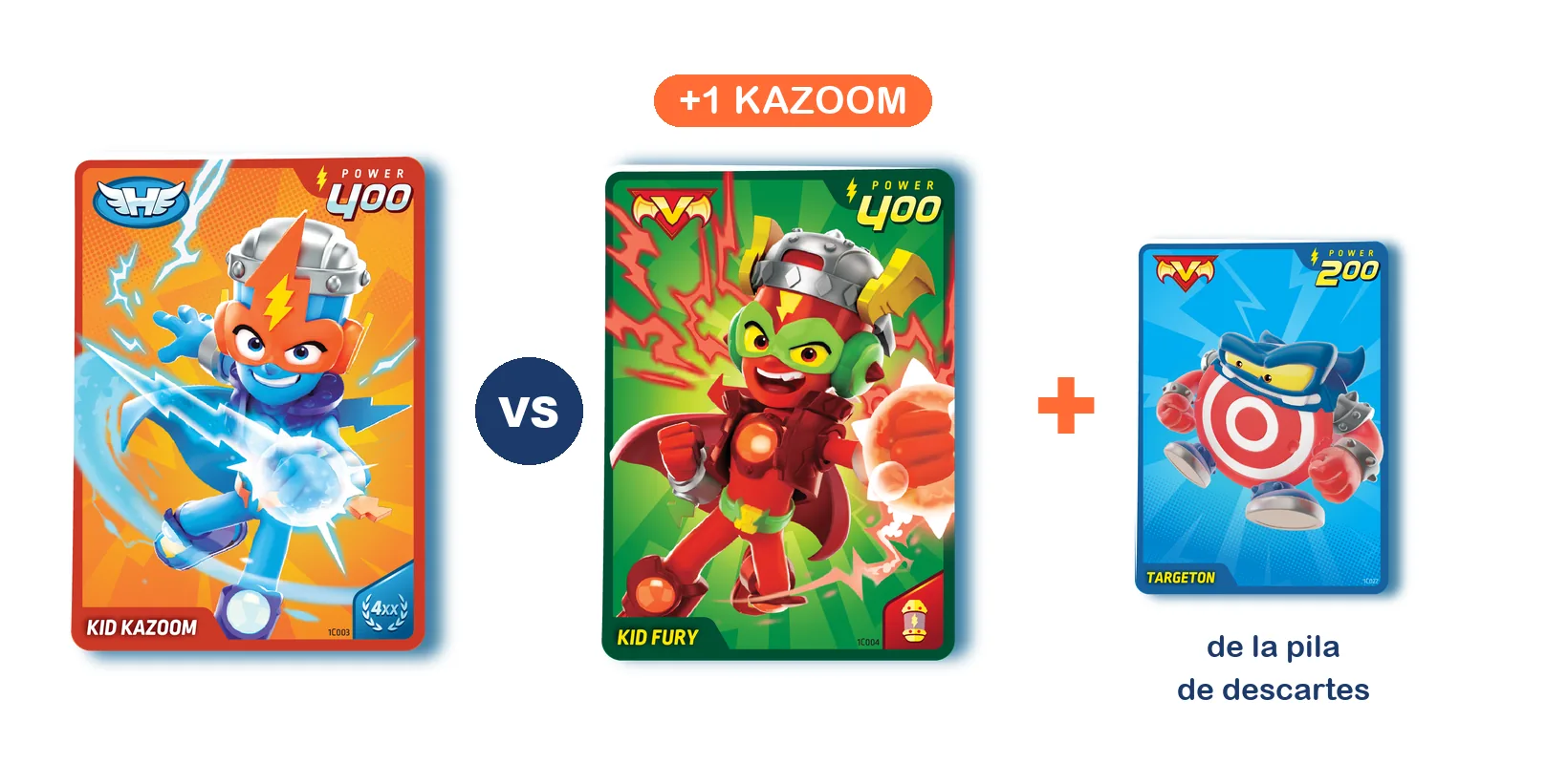 Ejemplo de +1 Kazoom en SuperThings Power: Kid Kazoom contra Kid Fury, que suma a Targeton desde la pila de descartes