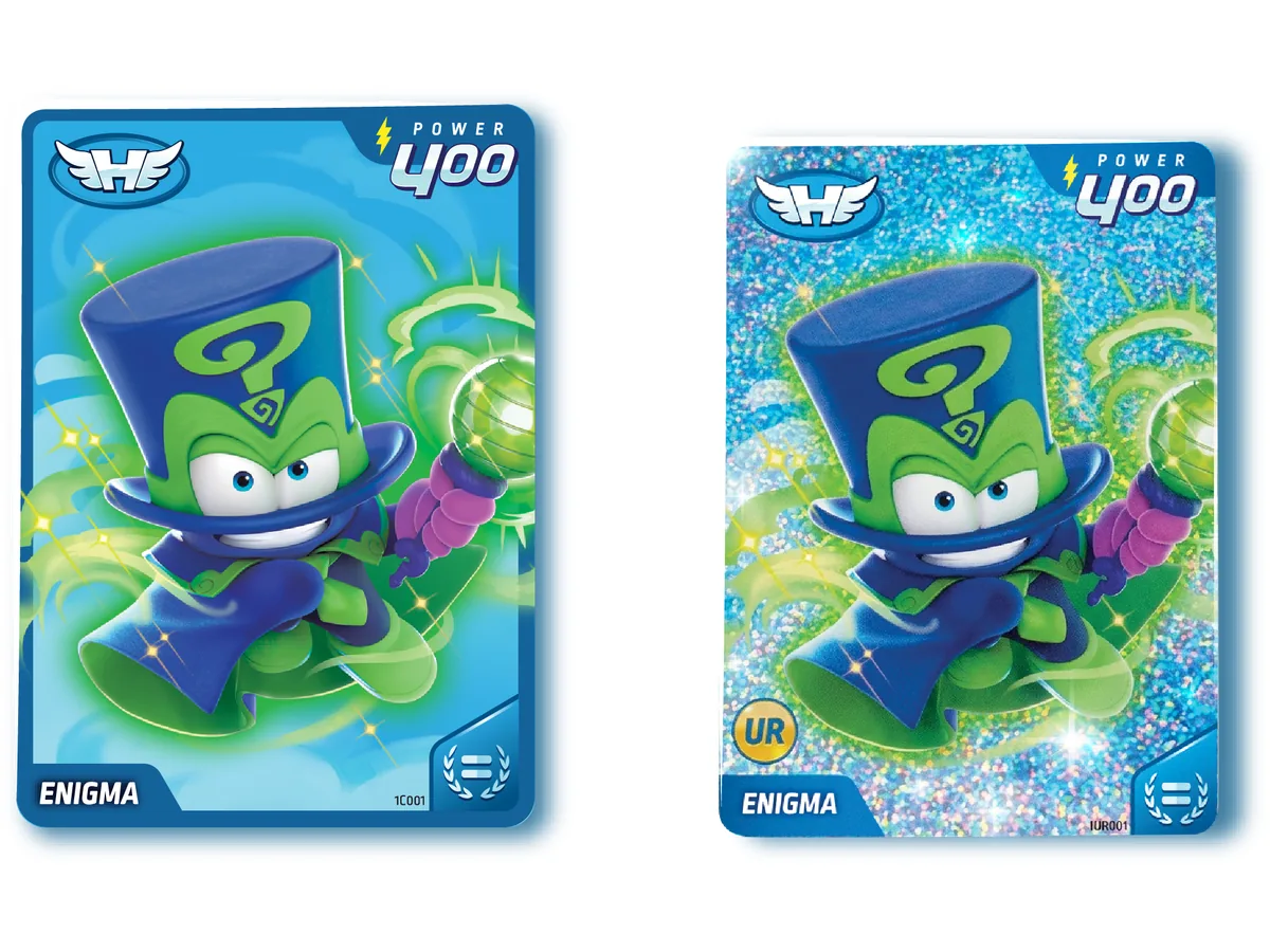 Carta normal y carta Ultra Rare metalizada de Enigma en SuperThings Power, las dos de POWER 400 con Desempate