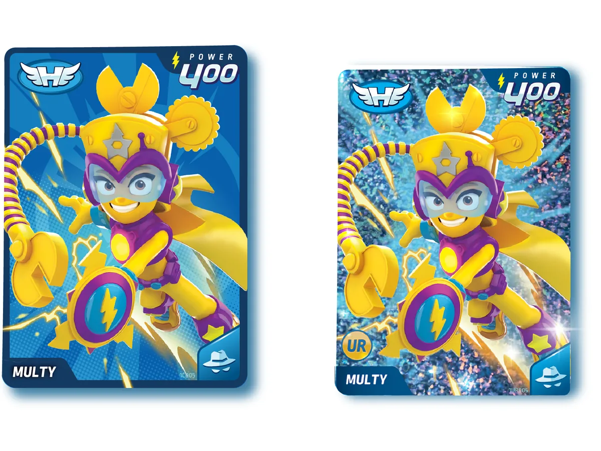 Carta normal y carta Ultra Rare metalizada de Multy en SuperThings Power, las dos de POWER 400 con Espía